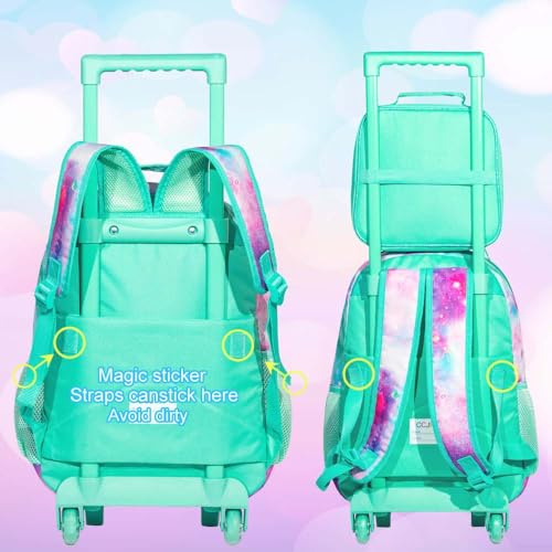 GXTVO Girls Rolling Backpack, Kids Wheels Bookbag - Roller Elementary Sequin School Bag - 3PCS Unicorn Mermaid Green - Image 3