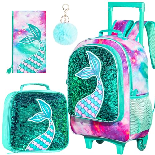 GXTVO Girls Rolling Backpack, Kids Wheels Bookbag - Roller Elementary Sequin School Bag - 3PCS Unicorn Mermaid Green - Image 1