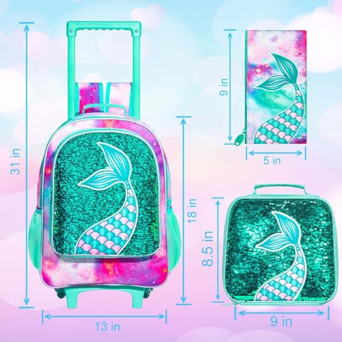 GXTVO Girls Rolling Backpack, Kids Wheels Bookbag - Roller Elementary Sequin School Bag - 3PCS Unicorn Mermaid Green - Image 4
