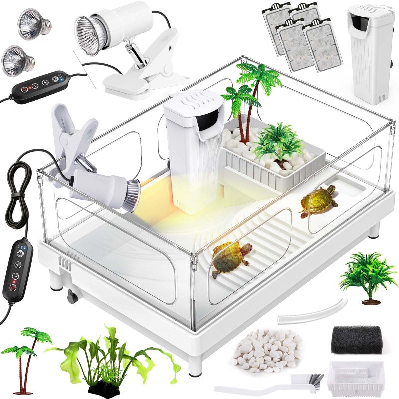 MoonOrange Small Turtle Tank Kit(Tank+Light+Filter), Acrylic Turtle Tank Starter Kit with Bask Platform, Bottom Drain, Multi-Function Area for Small Reptiles.(White) - Image 1