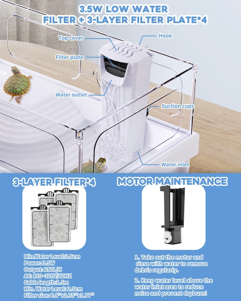 MoonOrange Small Turtle Tank Kit(Tank+Light+Filter), Acrylic Turtle Tank Starter Kit with Bask Platform, Bottom Drain, Multi-Function Area for Small Reptiles.(White) - Image 5