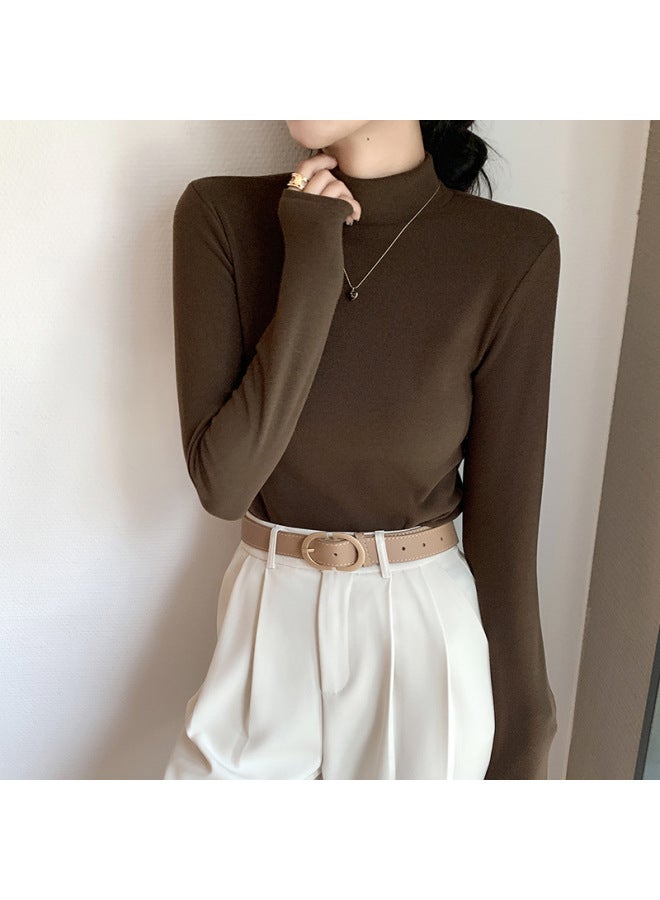 Half-high Collar Double-sided Velvet Base Shirt Women's Spring And Autumn Western Style Solid Color Velvet Padded Warm Long Sleeve Top - Image 2