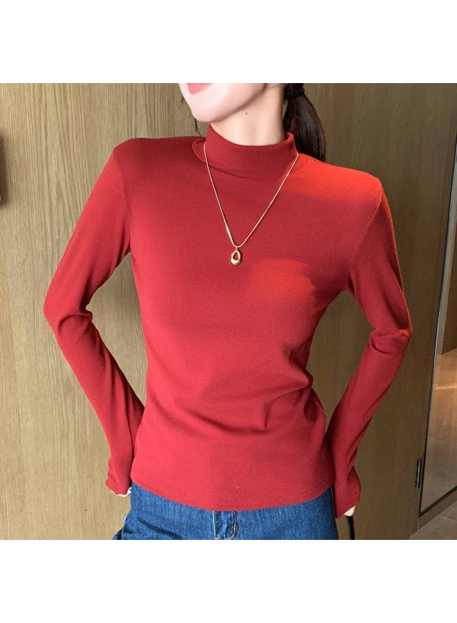 Half-high Collar Double-sided Velvet Base Shirt Women's Spring And Autumn Western Style Solid Color Velvet Padded Warm Long Sleeve Top - Image 1