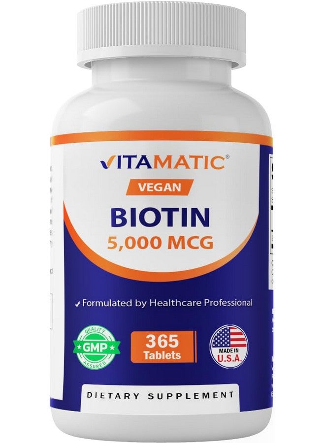 Vitamatic Biotin 5000mcg (5 mg) for Stronger Hair, Skin & Nails - 365 Vegan Tablets- Also Called Vitamin B7 - Image 1