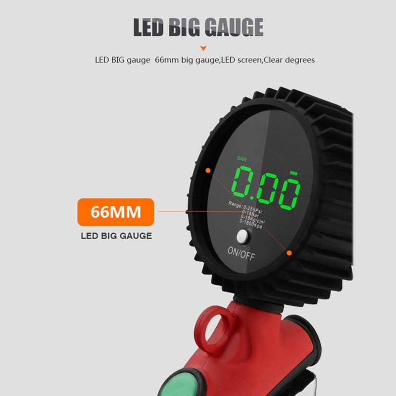 مقياس نفخ الإطارات مع شاشة ظلية مؤتة بالضوء الإلكتروني LED عالية الدقة، مع مقياس ضغط رقمي LED، مقياس نفخ الإطارات الرقمي، حد الضغط 180 بار - Image 4