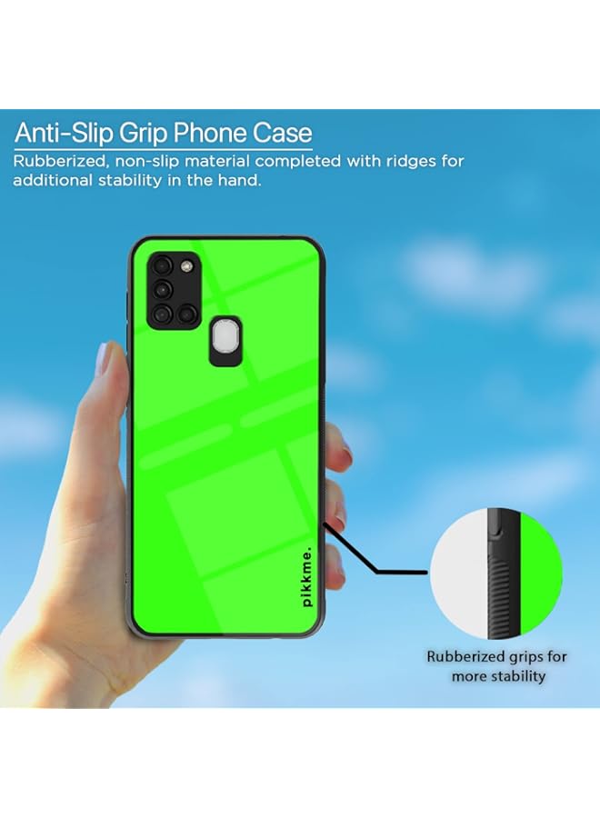 Samsung Galaxy A21s Back Cover | Ultra Hybrid Printed Green Plain Glass Case | Soft TPU Sides with Anit-Skid Grip Protection (Plain 11)