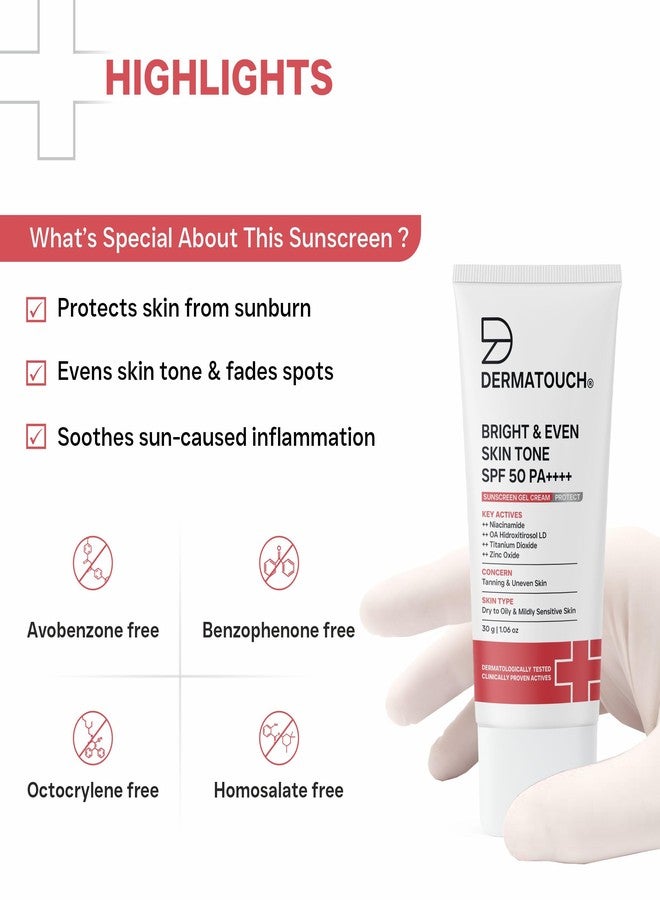 DERMATOUCH BRIGHT & EVEN SKIN TONE SPF 50 PA++++ SUNSCREEN Gel Cream for Tanning, Uneven Skin Tone & Sun Protection/Suitable for Dry to Oily & Mildly Sensitive Skin | 30g - Image 5