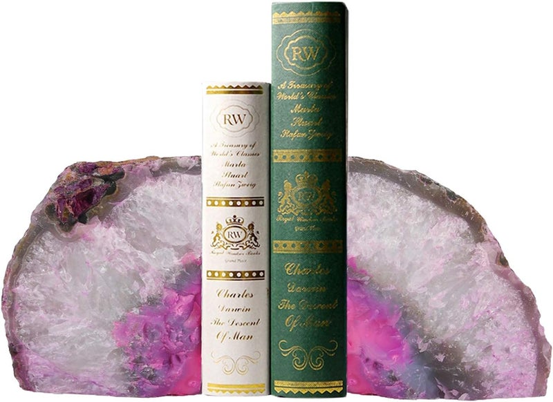 AMOYSTONE 2-3 Lbs Small Agate Bookends 1 Pair Natural Crystal Dyed Pink Decorative Book Stopper for Books Movies Cds - Image 2