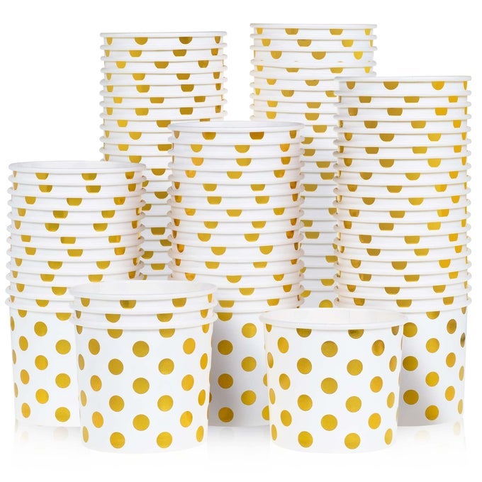 PAPER ICE CREAM CUPS 100PACK 55OZ DISPOSABLE DESSERT BOWLS FOR HOT AND COLD 55OUNCE GOLD FOIL POLKA DOTS