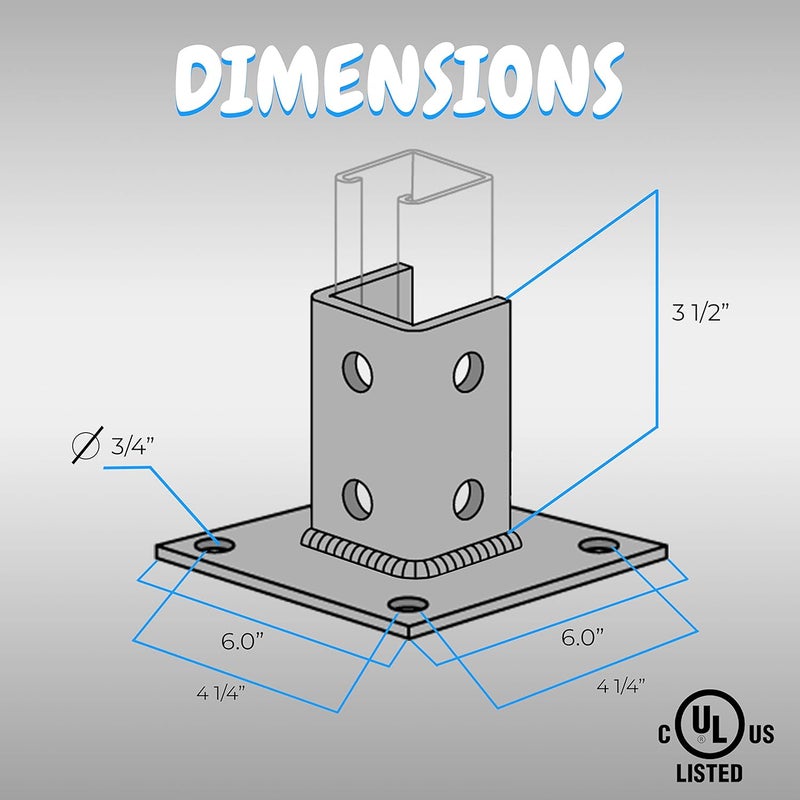 OHLECTRIC Strut Post Base Single Channel 1-5/8” – Side Orientation – 6x6 Inch – 4 Mounting Holes – Heavy Duty Galvanized Zinc Plated Square for Single Channel Fence Post Base - Image 3