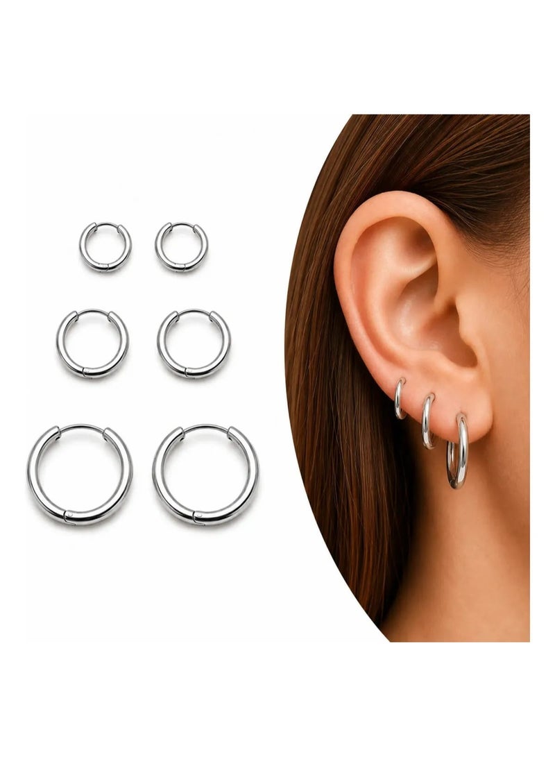 Luxuria Small, thick, waterproof hoop earrings for women; lightweight, hypoallergenic earrings; Set of 3 stainless steel earrings in silver for women. - Image 2