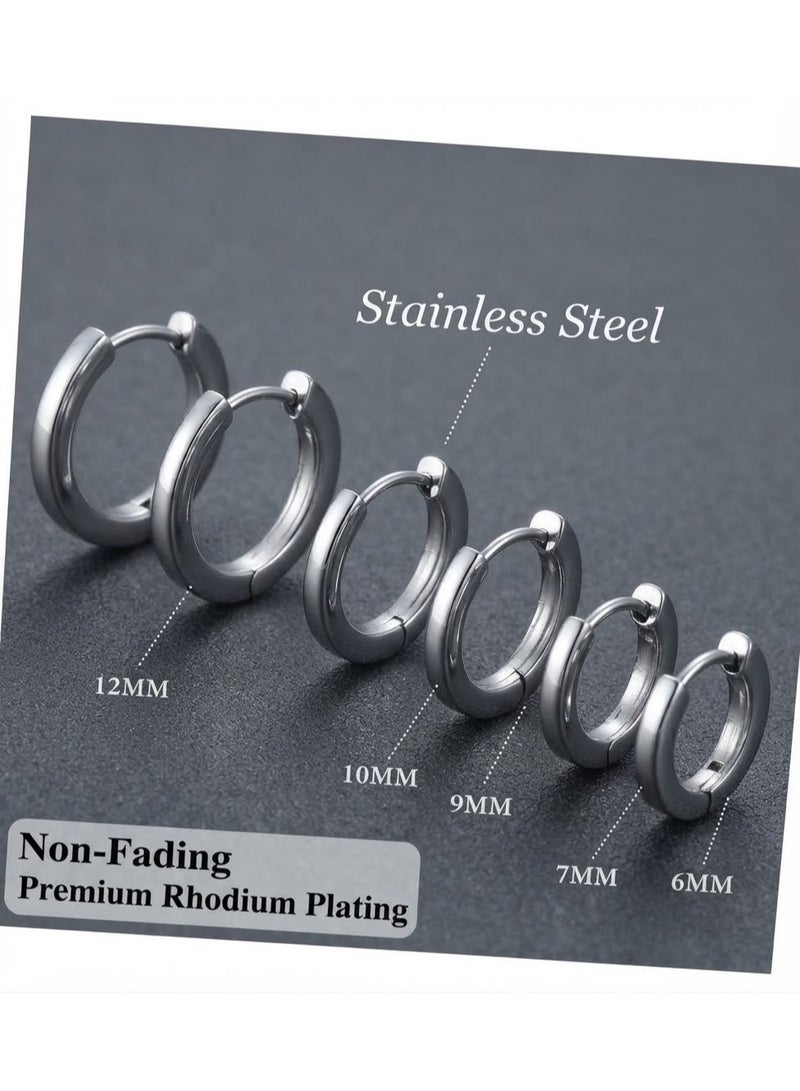 Luxuria Small, thick, waterproof hoop earrings for women; lightweight, hypoallergenic earrings; Set of 3 stainless steel earrings in silver for women. - Image 4