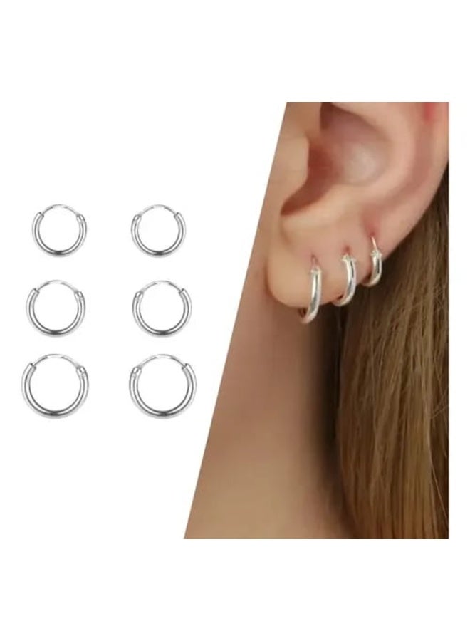 Luxuria Small, thick, waterproof hoop earrings for women; lightweight, hypoallergenic earrings; Set of 3 stainless steel earrings in silver for women. - Image 1