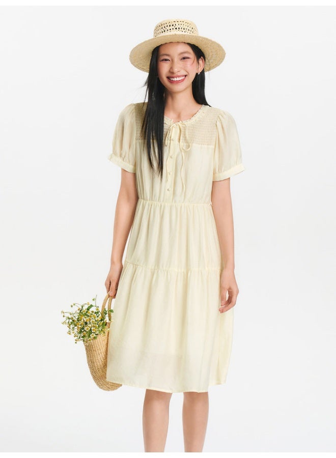 سيمير فستان بأكمام قصيرة بطول الركبة مع تفاصيل مجعدة للنساء - Image 1