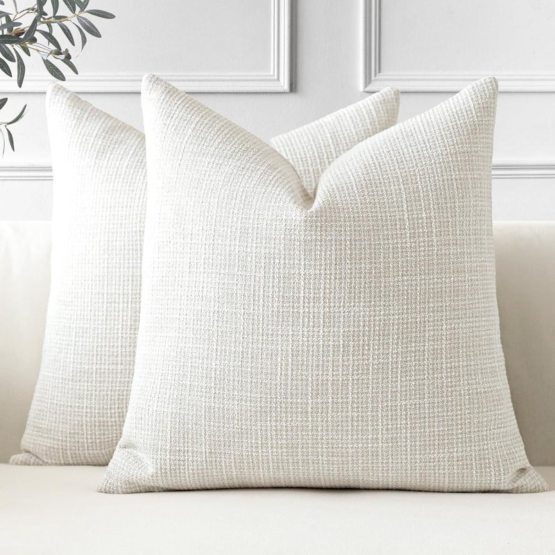 Otostar Pack of 2 Throw Pillow Covers 16x16 Inch Linen Beige Pillowcases Farmhouse Decorative Solid Pillow Covers 40x40 cm Square Cushion Case for Home Decor Sofa Couch Bed (Beige) - Image 1
