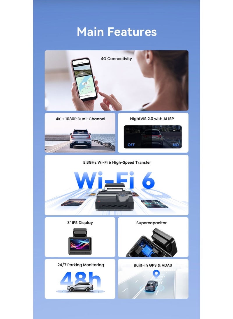 DDPAI Z50 Pro Dual Dash Cam 4K + 1080P | Built-in GPS | Sony Sensor | 5GHz WiFi | Night Vision | G-Sensor | Loop Recording | 24H Parking Mode - Image 3