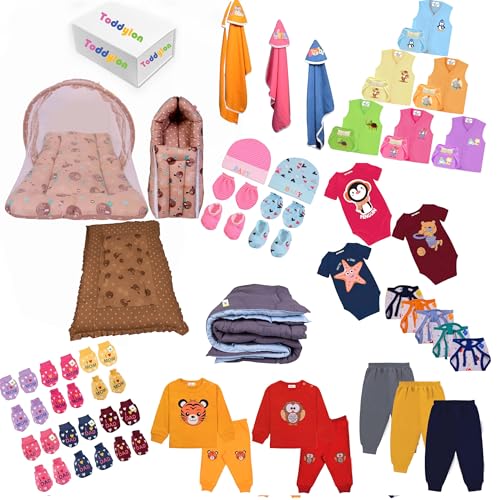 Toddylon 56 in 1 Newborn Baby Products All Cotton Gift Packs Essential Items Combo | Baby Bed | Clothing Set | Baby Grooming | Infants Kit (0-6 Months) Brown - Image 1