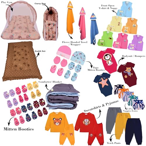 Toddylon 56 in 1 Newborn Baby Products All Cotton Gift Packs Essential Items Combo | Baby Bed | Clothing Set | Baby Grooming | Infants Kit (0-6 Months) Brown - Image 2