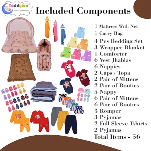 Toddylon 56 in 1 Newborn Baby Products All Cotton Gift Packs Essential Items Combo | Baby Bed | Clothing Set | Baby Grooming | Infants Kit (0-6 Months) Brown - Image 3