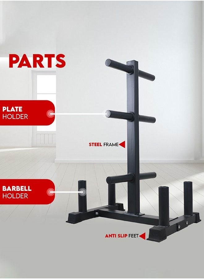 Yalla HomeGym 2in1 Olympic Weight Plate Rack Tree With 4 Vertical Barbell Bar & 6 Olympic Plate Storage Holders  - Image 3