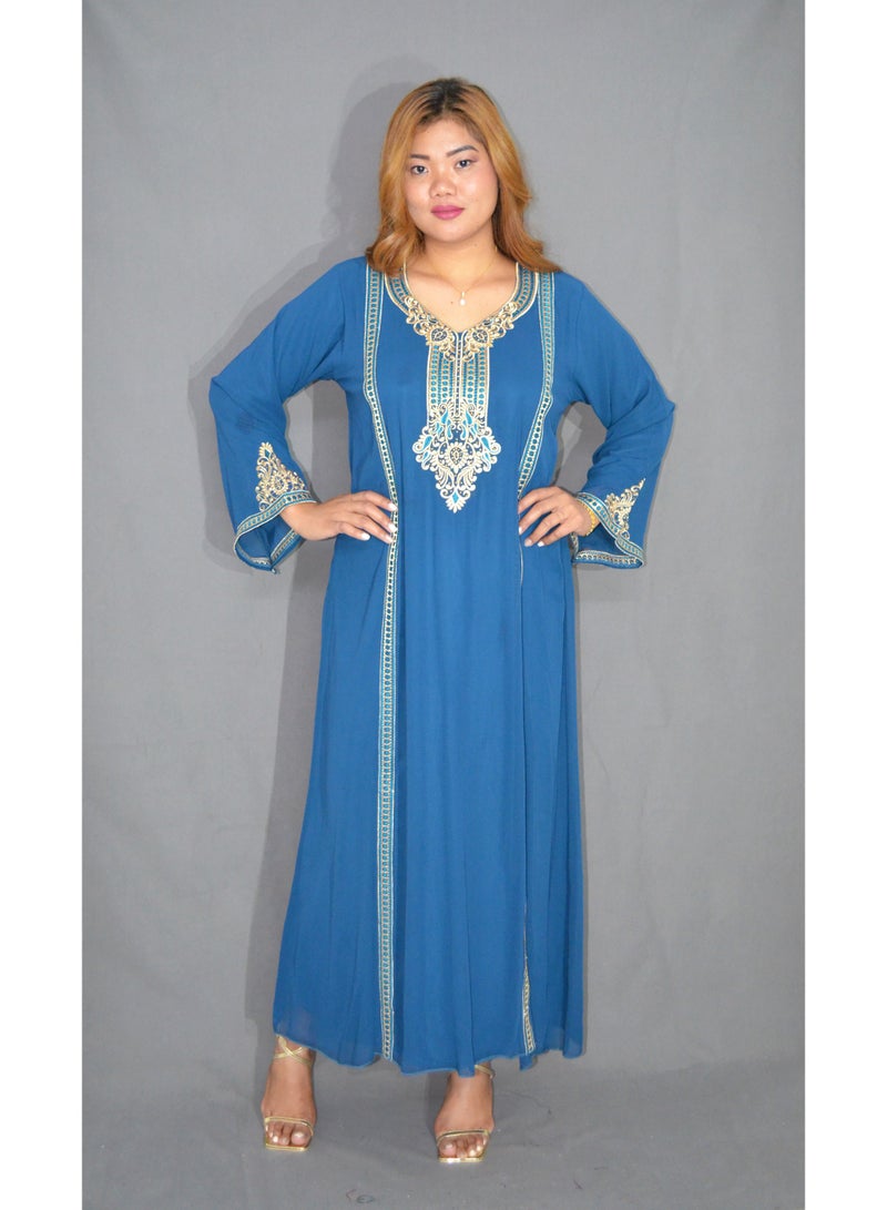 Elegant Traditional Arabian Maxi Dress - Heavy Gold Embroidery & Crystal Chiffon Caftan - Jewel Neck Modest Evening Wear