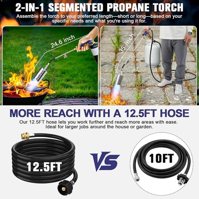 EASITALY Propane Torch Weed Burner, High Output 2,400,000 BTU with Long/Short Mode, Heavy Duty Blow Torch Flamethrower with 12.5FT Hose for Flame Weeding, Roofing, BBQ, Melting Ice - Image 2