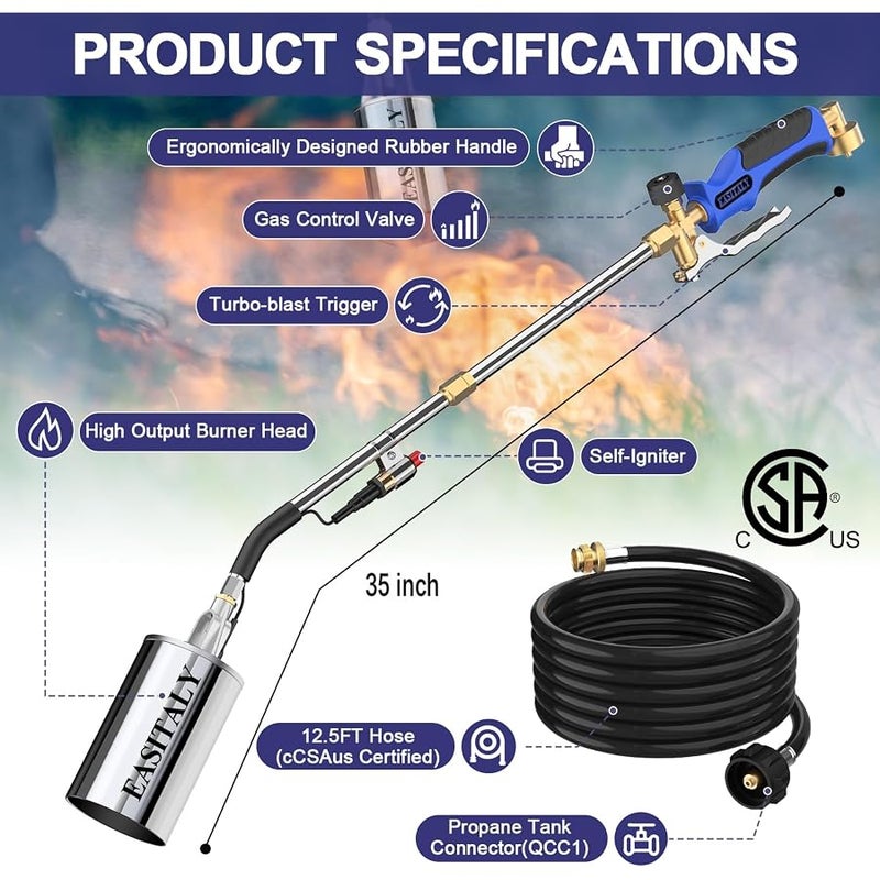 EASITALY Propane Torch Weed Burner, High Output 2,400,000 BTU with Long/Short Mode, Heavy Duty Blow Torch Flamethrower with 12.5FT Hose for Flame Weeding, Roofing, BBQ, Melting Ice - Image 3