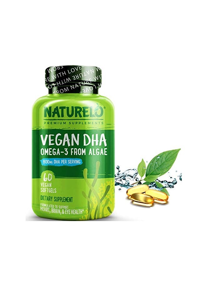 NATURELO - Vegan DHA - Omega 3 Oil from Algae, 800mg DHA - Dietary Supplement Formulated to Support Heart, Brain & Eye Health - 60 Vegan Softgels - Image 1
