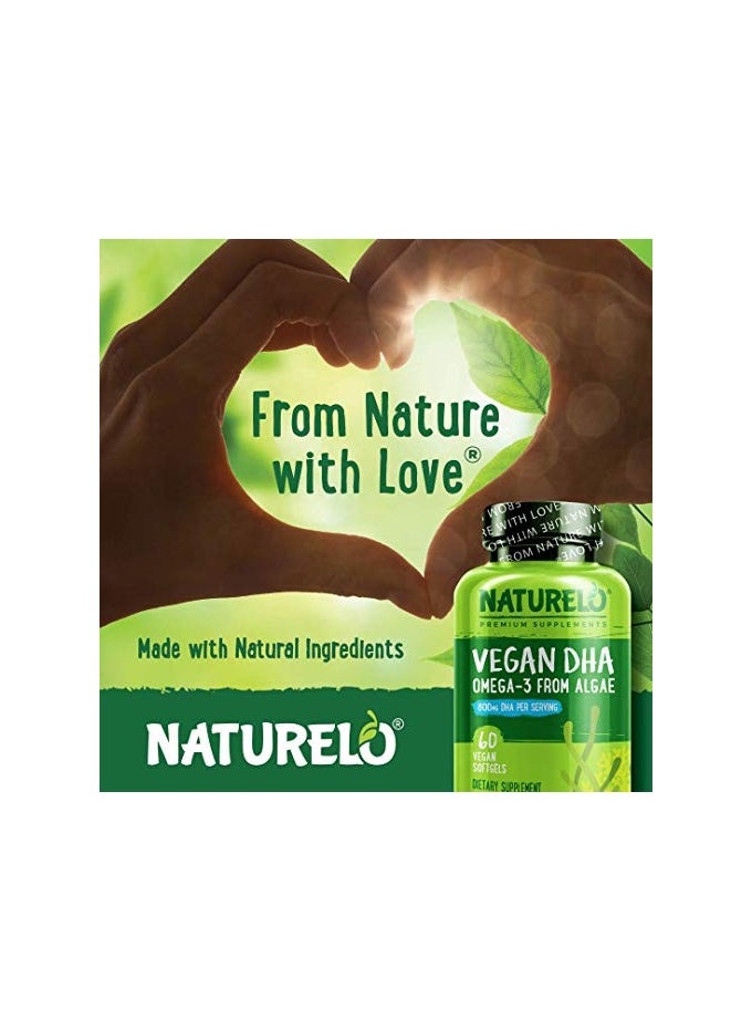 NATURELO - Vegan DHA - Omega 3 Oil from Algae, 800mg DHA - Dietary Supplement Formulated to Support Heart, Brain & Eye Health - 60 Vegan Softgels - Image 1