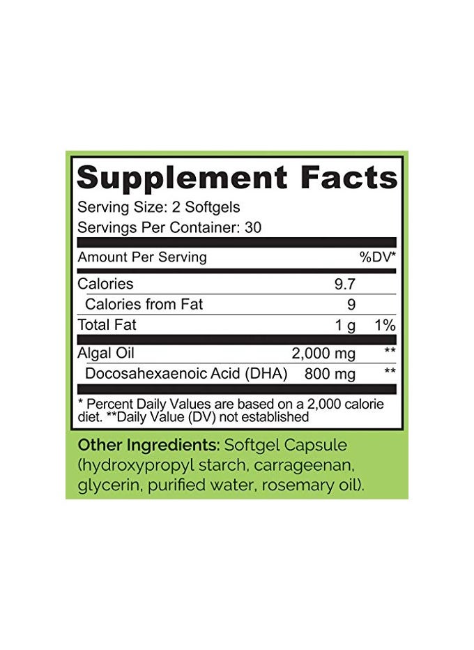 NATURELO - Vegan DHA - Omega 3 Oil from Algae, 800mg DHA - Dietary Supplement Formulated to Support Heart, Brain & Eye Health - 60 Vegan Softgels - Image 1