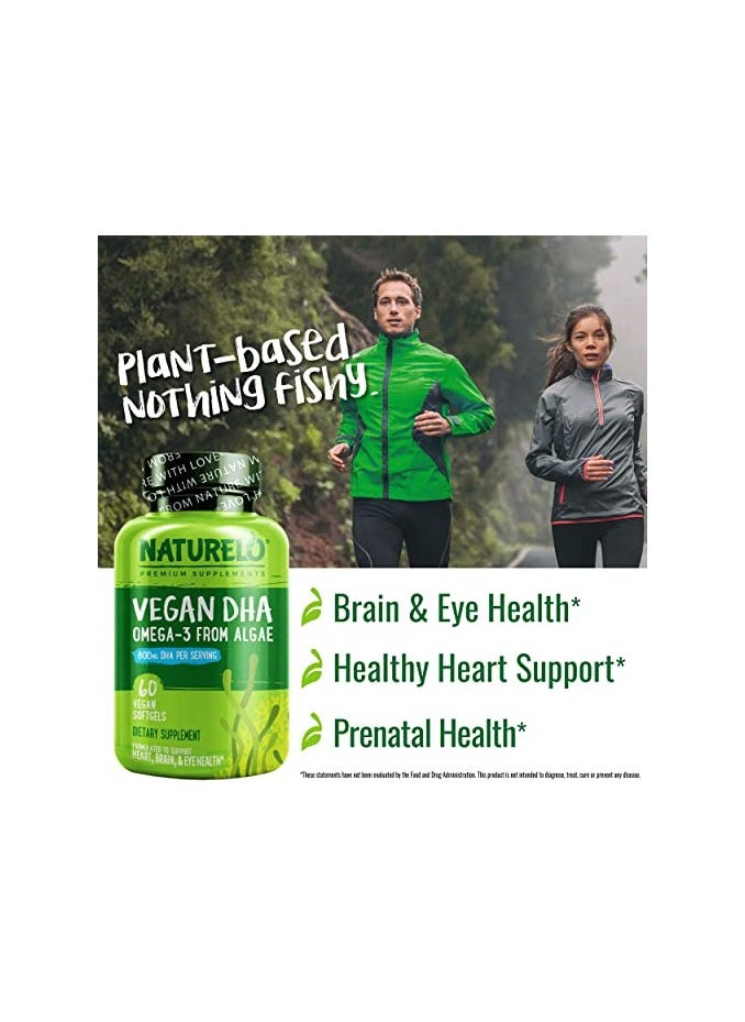 NATURELO - Vegan DHA - Omega 3 Oil from Algae, 800mg DHA - Dietary Supplement Formulated to Support Heart, Brain & Eye Health - 60 Vegan Softgels - Image 1