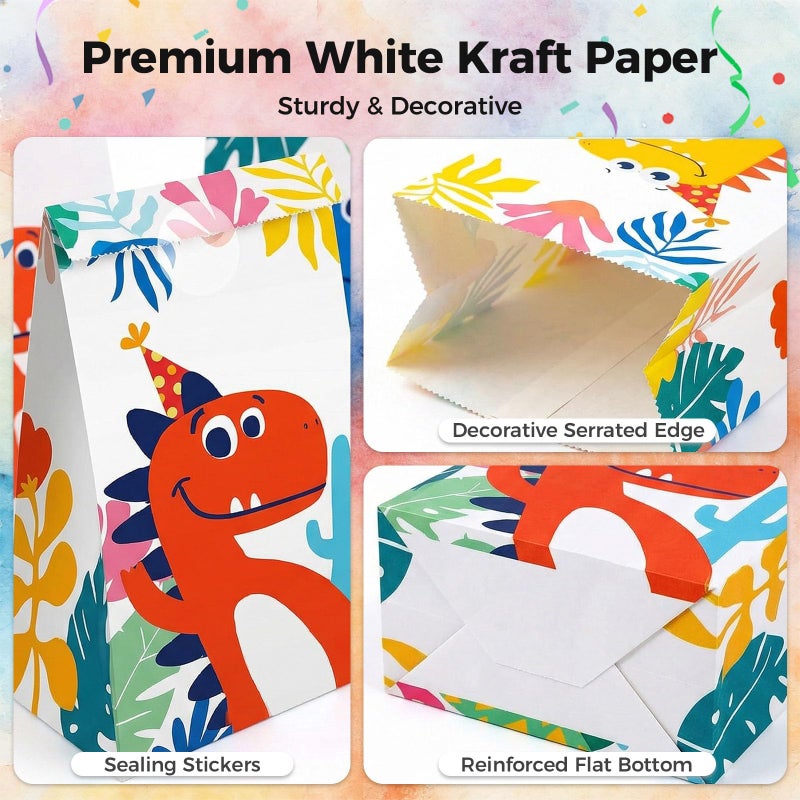 JOHOUSE 24PCS Dinosaur Party Favor Bags, 4.7" x 3.1" x 8.7" Goodie Bags with Stickers for Dinosaurs Themed Birthday Baby Shower - Image 3