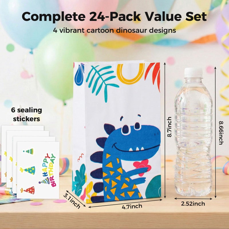 JOHOUSE 24PCS Dinosaur Party Favor Bags, 4.7" x 3.1" x 8.7" Goodie Bags with Stickers for Dinosaurs Themed Birthday Baby Shower - Image 2