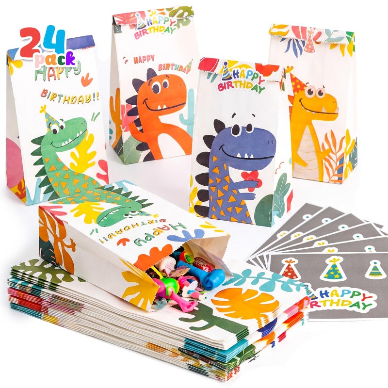 JOHOUSE 24PCS Dinosaur Party Favor Bags, 4.7" x 3.1" x 8.7" Goodie Bags with Stickers for Dinosaurs Themed Birthday Baby Shower - Image 1
