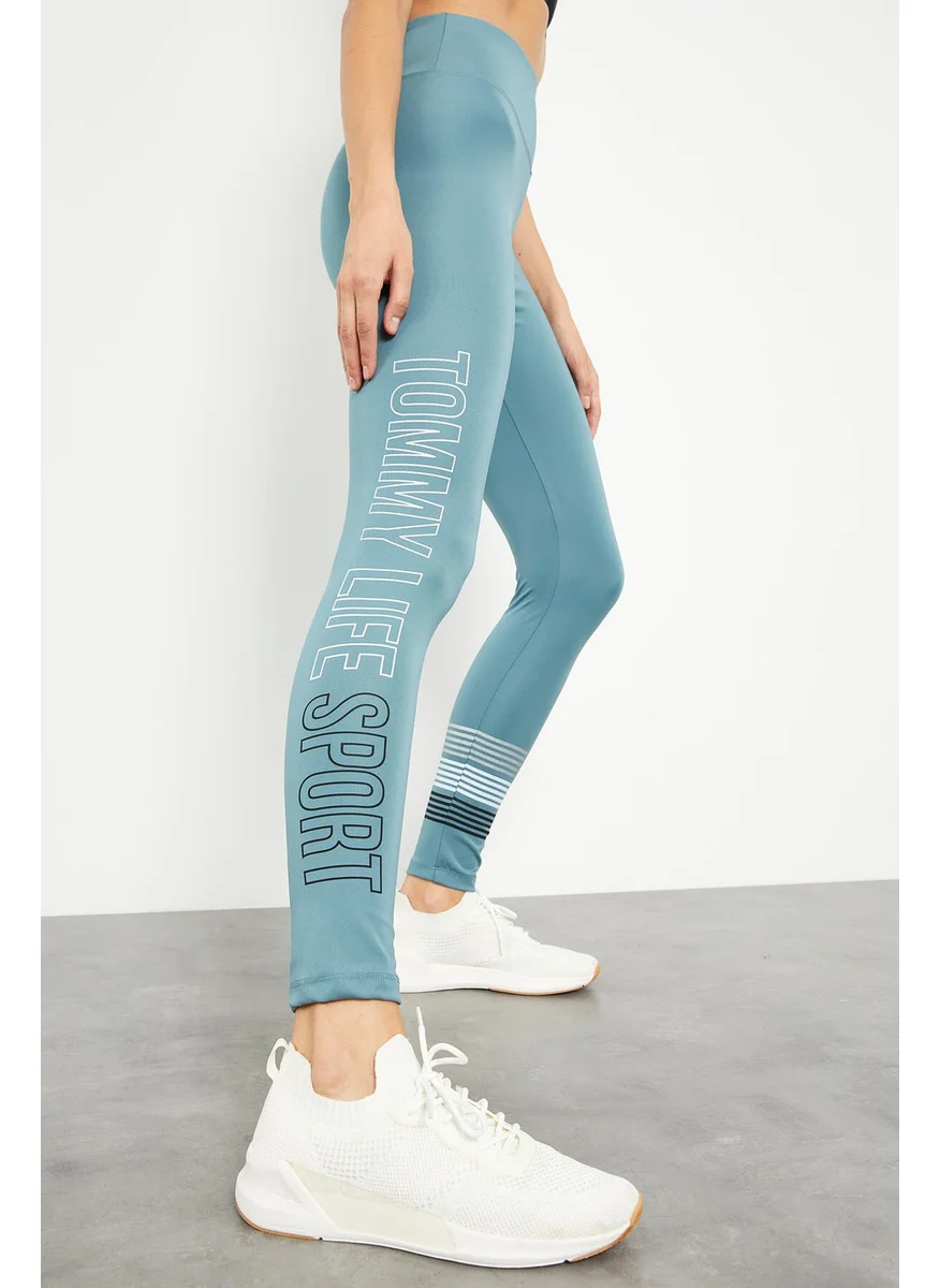 Tommy Life Mint Green Women's High Waist Text Printed Slim Fit Skinny Leg Leggings - 94544