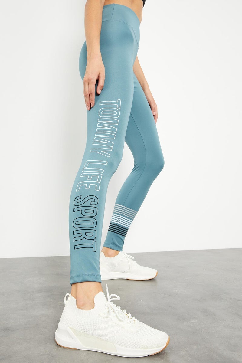 Tommy Life Mint Green Women's High Waist Text Printed Slim Fit Skinny Leg Leggings - 94544  - Image 2