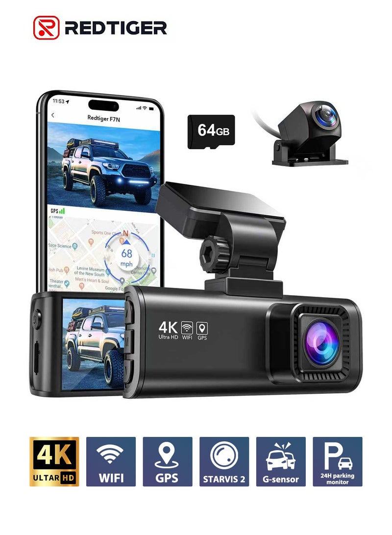 REDTIGER F7N 4K Dual Dash Cam with 64GB Card, 4K Front and 1080P Rear, 170° Wide Angle Dash Camera for Cars, G-Sensor,Night Vision,3.18" Screen, Parking Mode - Image 1