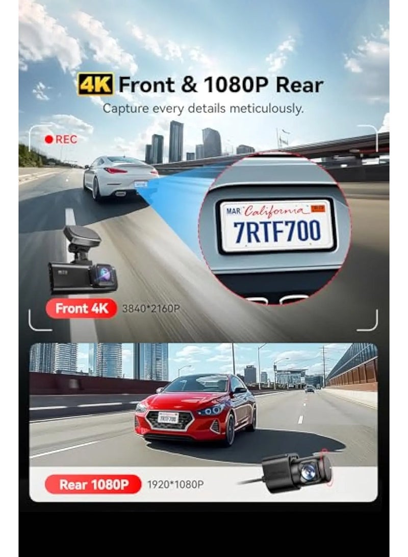 REDTIGER F7N 4K Dual Dash Cam with 64GB Card, 4K Front and 1080P Rear, 170° Wide Angle Dash Camera for Cars, G-Sensor,Night Vision,3.18" Screen, Parking Mode - Image 2