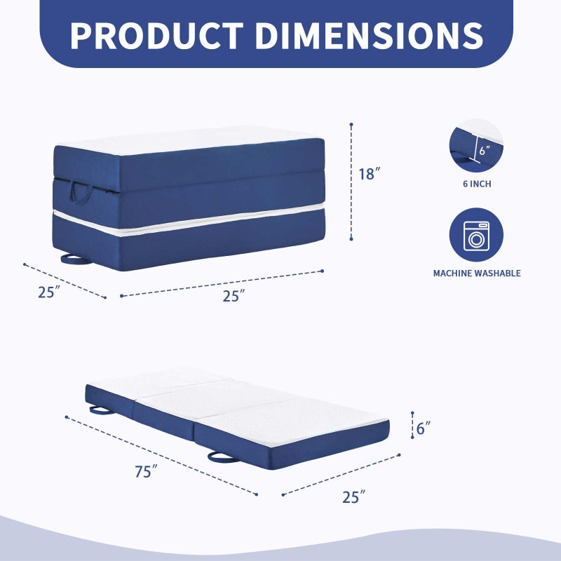 CYMULA Folding Mattress Single Size,6 inch Memory Foam Tri Portable Trifold Mattress Topper Single with Breathable & Washable Cover, Foldable Guest Bed for Camping(25"Ã—75"Ã—6") - Image 5