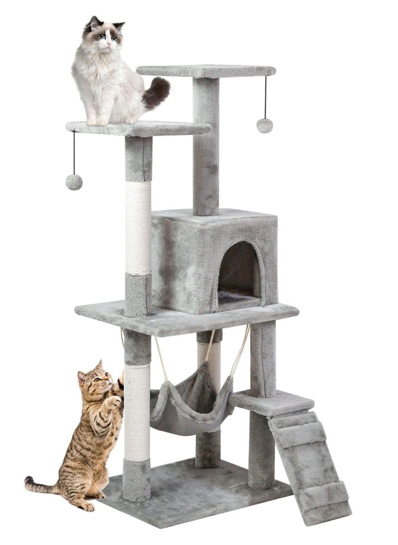 Generic - Cat Tree Tower 140x54x30Cm Cat Condo With 4 Sisal Scratching Post,Activity Centre Cat Climbing Tree With Cat House Hammock, Sisal Posts, Ladder, And Rest Place For Indoor Cat Grey - Image 1
