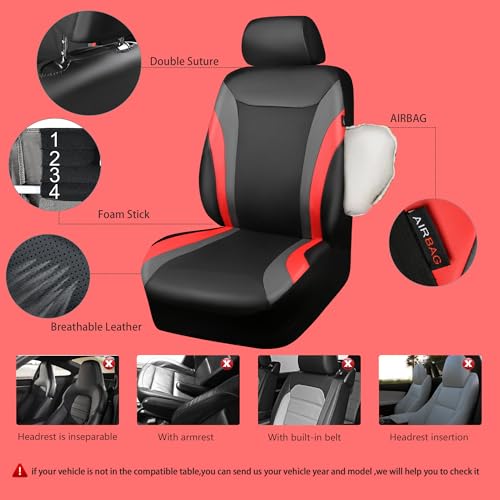 CAR PASS Leather Car Seat Covers Full Set,Waterproof Automotive Seat Covers for Cars SUV Sedan Truck,Airbag Compatible,5mm Composite Sponge,Sporty Universal Fit for Cute Women Girl (Black Red) - Image 3