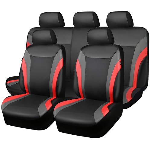 CAR PASS Leather Car Seat Covers Full Set,Waterproof Automotive Seat Covers for Cars SUV Sedan Truck,Airbag Compatible,5mm Composite Sponge,Sporty Universal Fit for Cute Women Girl (Black Red) - Image 1