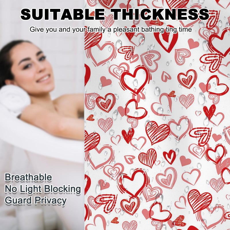 Mocsicka Valentine Day Shower Curtain with 12 Hooks Red Sweet Love Heart Shower Curtain for Valentines Day Decorations, Waterproof Fabric Bath Shower 72 X 72 Inch - Image 4