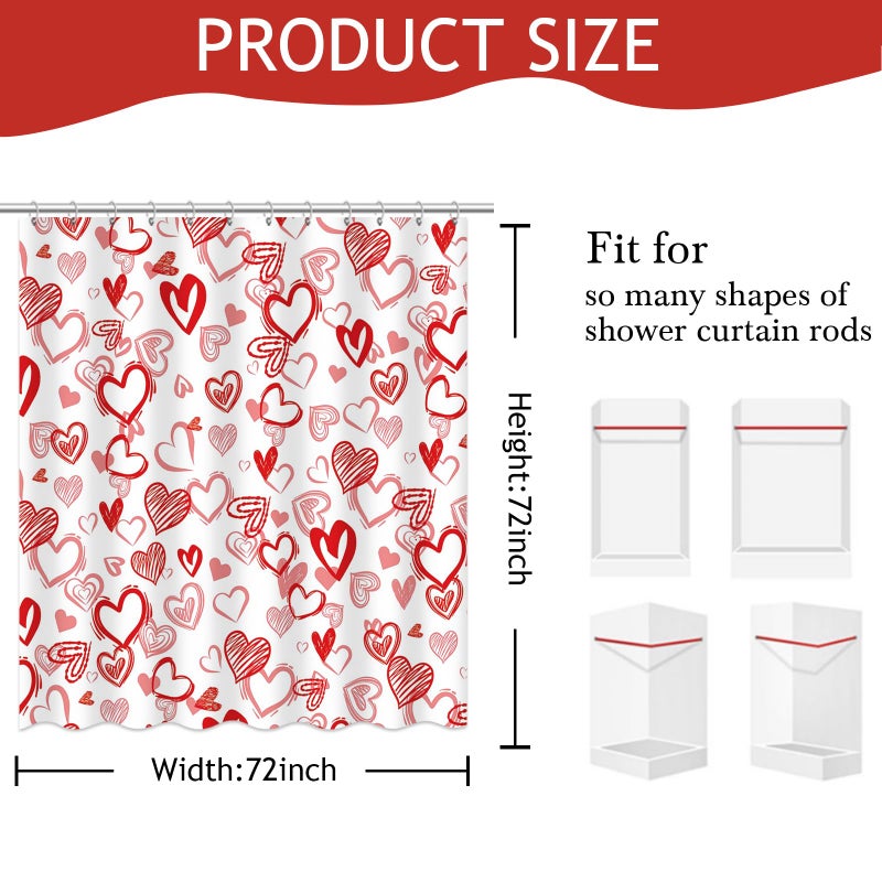 Mocsicka Valentine Day Shower Curtain with 12 Hooks Red Sweet Love Heart Shower Curtain for Valentines Day Decorations, Waterproof Fabric Bath Shower 72 X 72 Inch - Image 2