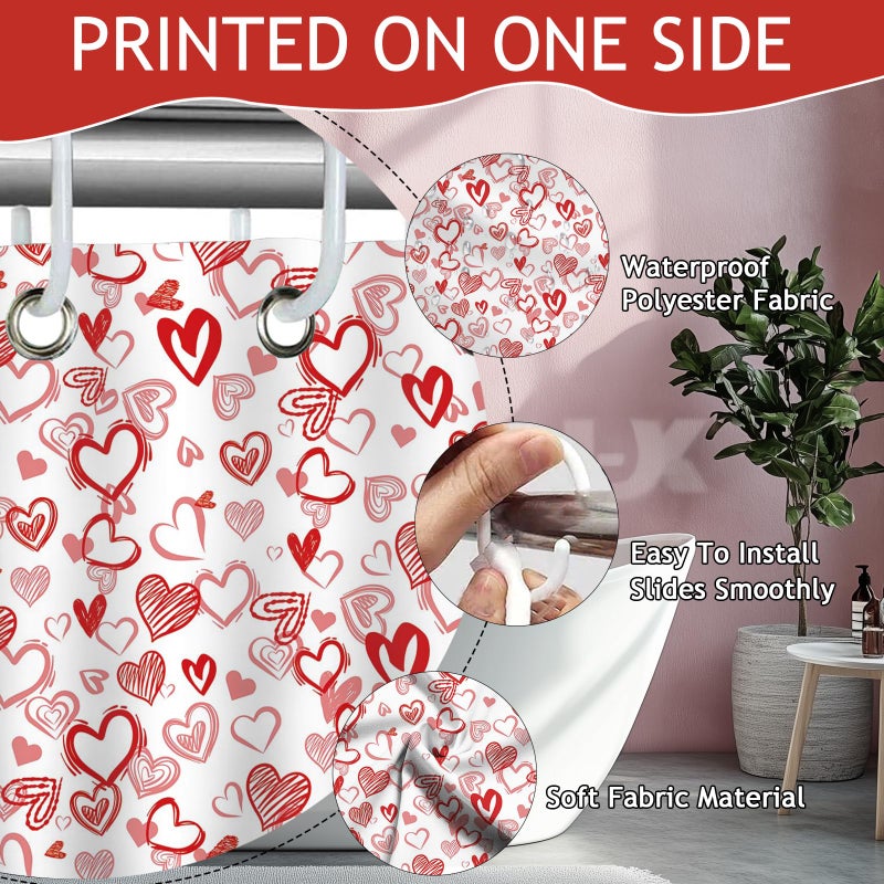 Mocsicka Valentine Day Shower Curtain with 12 Hooks Red Sweet Love Heart Shower Curtain for Valentines Day Decorations, Waterproof Fabric Bath Shower 72 X 72 Inch - Image 3