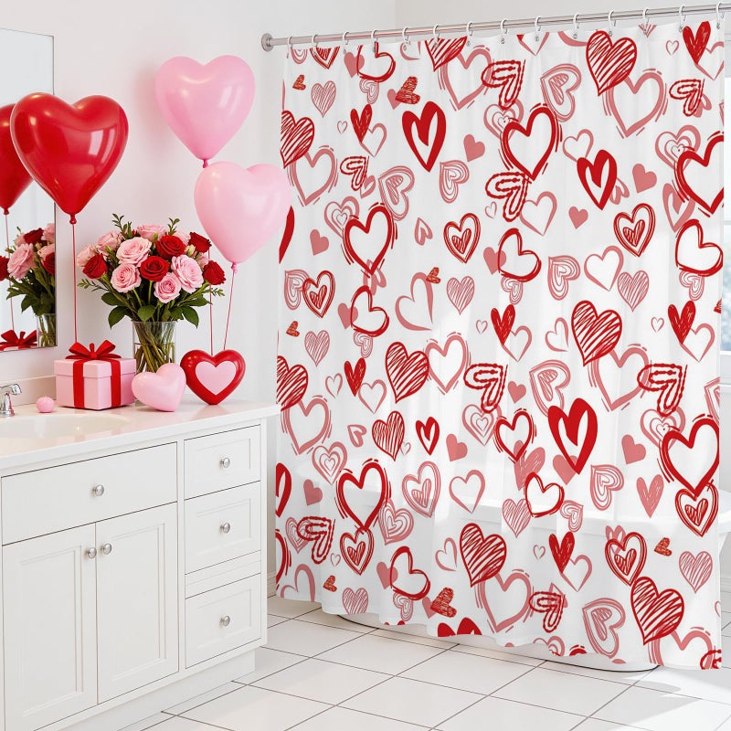 Mocsicka Valentine Day Shower Curtain with 12 Hooks Red Sweet Love Heart Shower Curtain for Valentines Day Decorations, Waterproof Fabric Bath Shower 72 X 72 Inch - Image 5