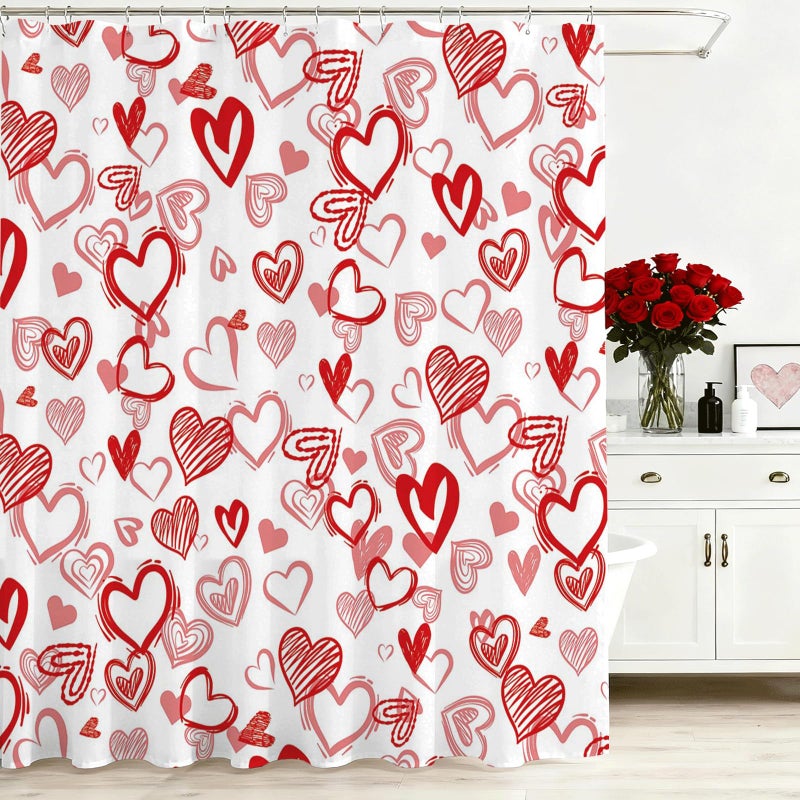 Mocsicka Valentine Day Shower Curtain with 12 Hooks Red Sweet Love Heart Shower Curtain for Valentines Day Decorations, Waterproof Fabric Bath Shower 72 X 72 Inch - Image 1