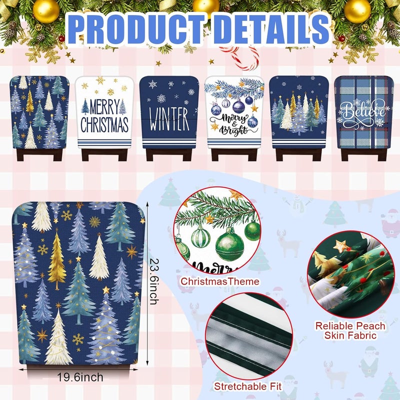 FuWeave 6 Pcs Christmas Chair Covers Christmas Chair Back Covers Xmas Chair Protector Slipcovers Washable Winter Dining Room Seat Covers for Home Hotel Kitchen Decorations (Blue Xmas Tree) - Image 3