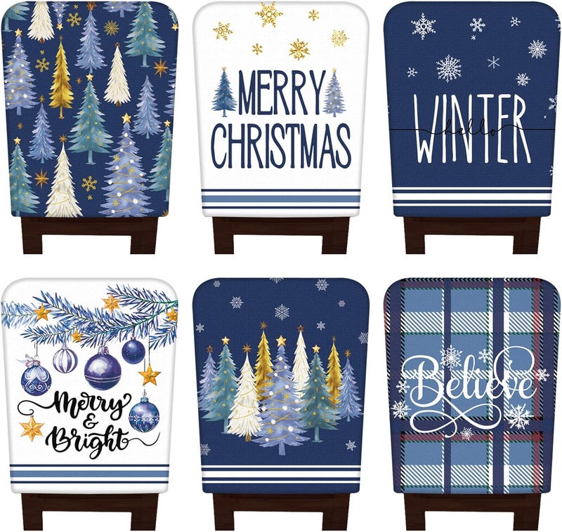 FuWeave 6 Pcs Christmas Chair Covers Christmas Chair Back Covers Xmas Chair Protector Slipcovers Washable Winter Dining Room Seat Covers for Home Hotel Kitchen Decorations (Blue Xmas Tree) - Image 1