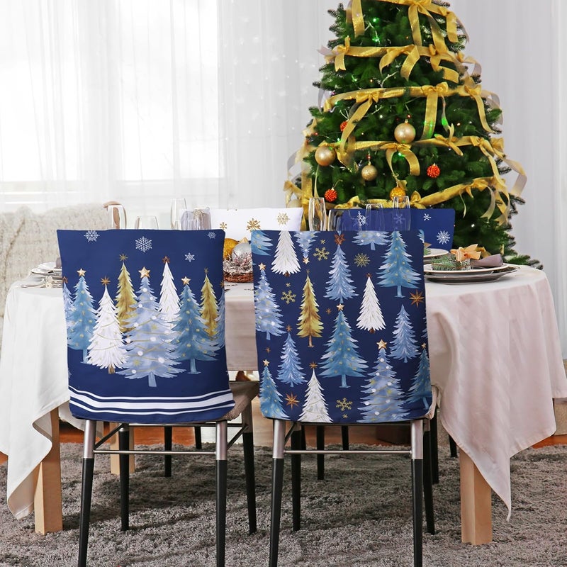 FuWeave 6 Pcs Christmas Chair Covers Christmas Chair Back Covers Xmas Chair Protector Slipcovers Washable Winter Dining Room Seat Covers for Home Hotel Kitchen Decorations (Blue Xmas Tree) - Image 2